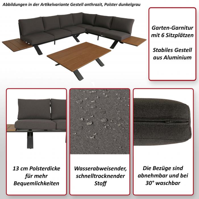 Aluminium Garten-Garnitur HWC-M62, Sitzgruppe Garten-/Lounge-Set Sofa, Holzoptik ~ Gestell anthrazit, Polster dunkelgrau