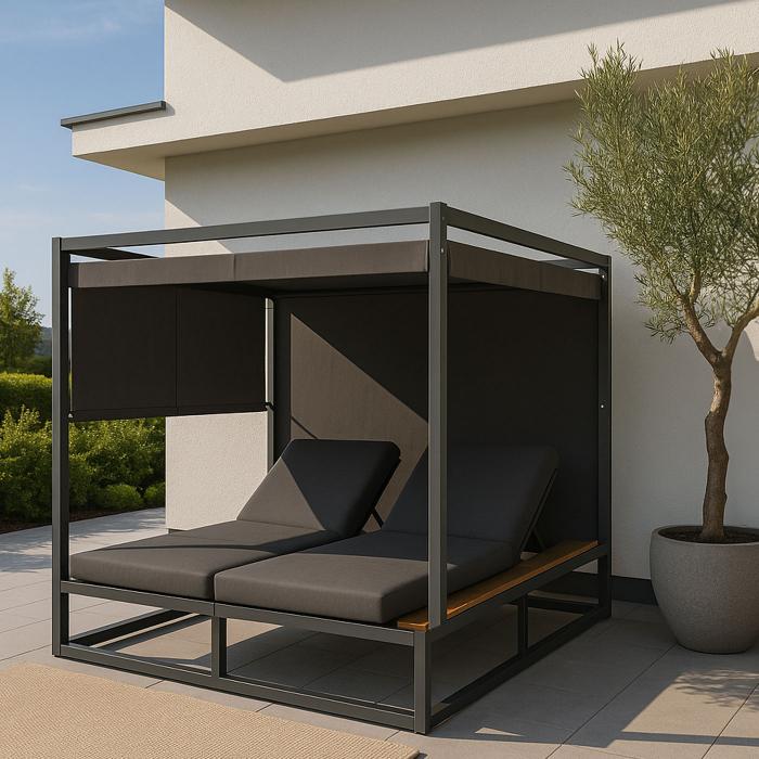 Aluminium Lounge-Gartenliege HWC-M63, Sonnenliege Bali-Liege Doppelliege Outdoor-Bett Daybed, 10cm-Polster ~ dunkelgrau