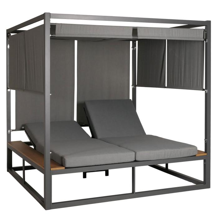 Aluminium Lounge-Gartenliege HWC-M63, XL Sonnenliege Bali-Liege Doppelliege Outdoor-Bett, 10cm-Polster ~ hellgrau