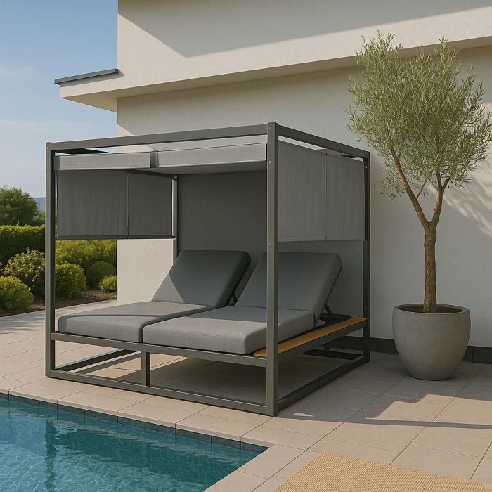 Aluminium Lounge-Gartenliege HWC-M63, Sonnenliege Bali-Liege Doppelliege Outdoor-Bett Daybed, 10cm-Polster ~ hellgrau
