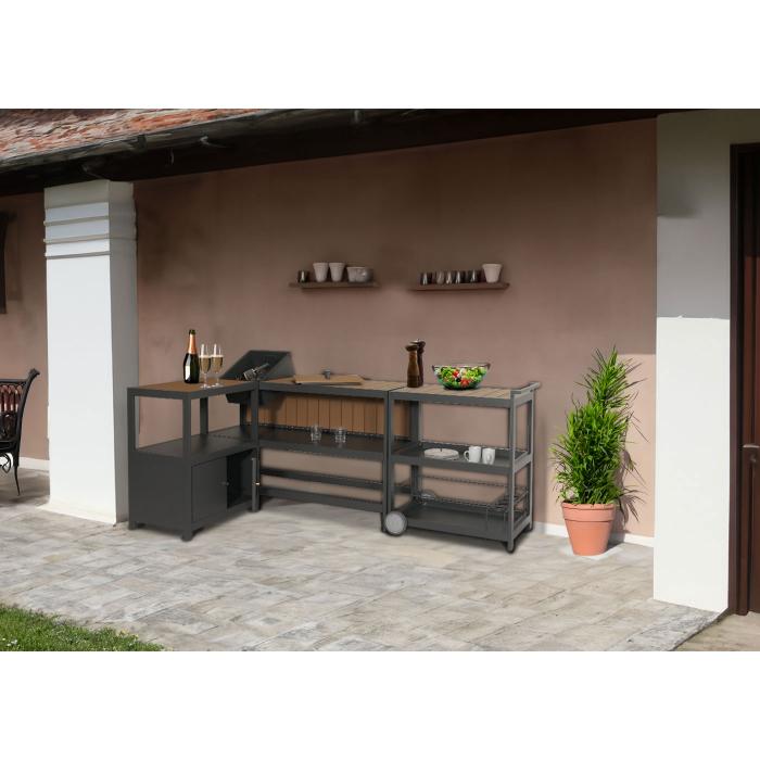 Aluminium Outdoor-Kche 3-teilig HWC-M64, Auenkche Garten Servierwagen Eiskbel Schrank ~ anthrazit, helle Holzoptik