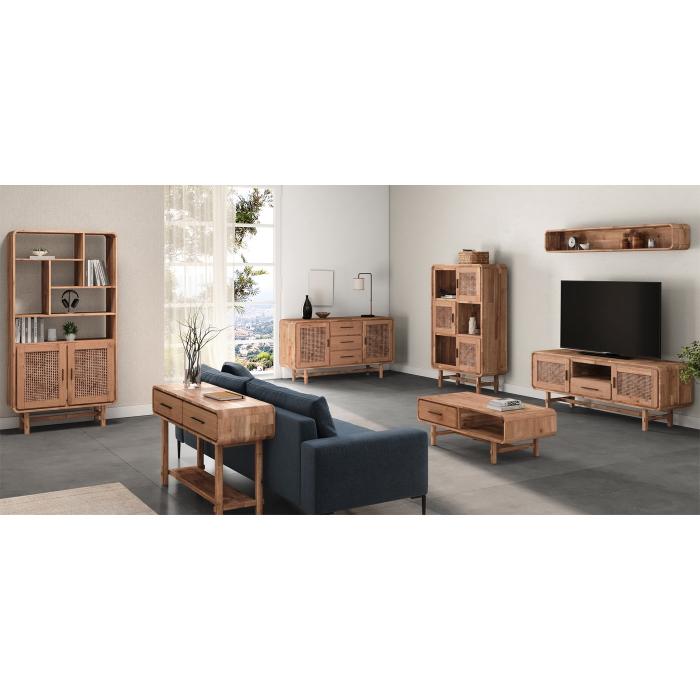 Highboard HWC-M47, Kommode Schrank Sideboard, Staufcher, Rattan Akazie Massiv-Holz gebeizt 141x90x35cm 32kg