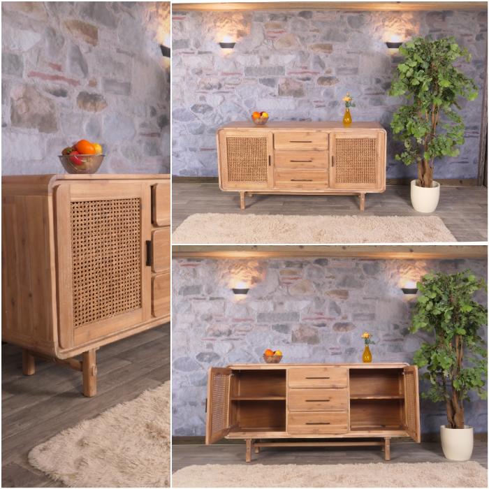 Sideboard HWC-M47, Schrank Kommode Highboard, Staufcher Schublade, Rattan Akazie Massiv-Holz gebeizt 83x160x45cm 47kg