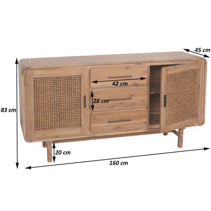 Sideboard HWC-M47, Schrank Kommode Highboard, Staufcher Schublade, Rattan Akazie Massiv-Holz gebeizt 83x160x45cm 47kg