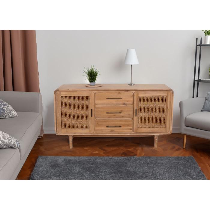 Sideboard HWC-M47, Schrank Kommode Highboard, Staufcher Schublade, Rattan Akazie Massiv-Holz gebeizt 83x160x45cm 47kg