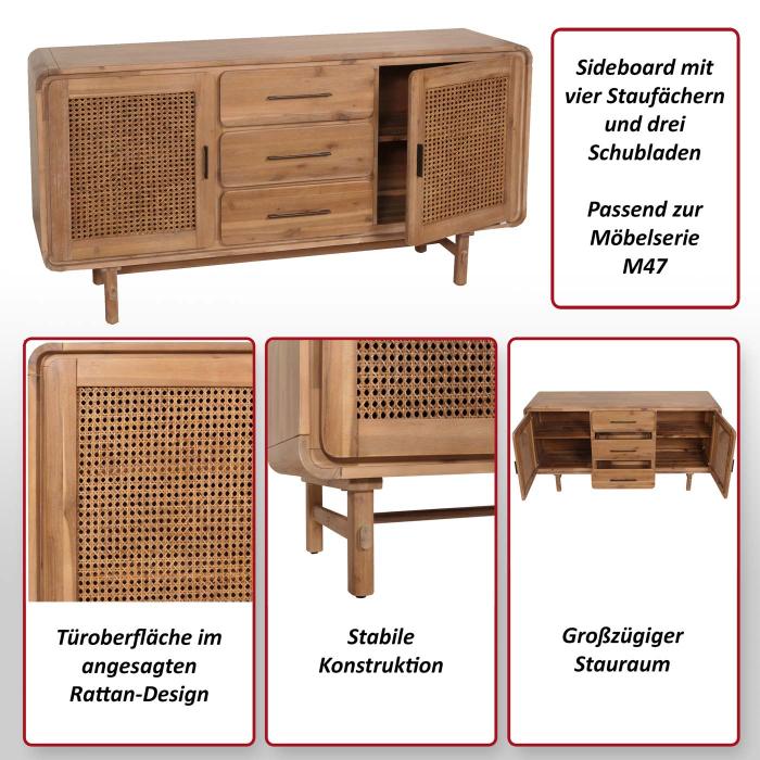 Sideboard HWC-M47, Schrank Kommode Highboard, Staufcher Schublade, Rattan Akazie Massiv-Holz gebeizt 83x160x45cm 47kg