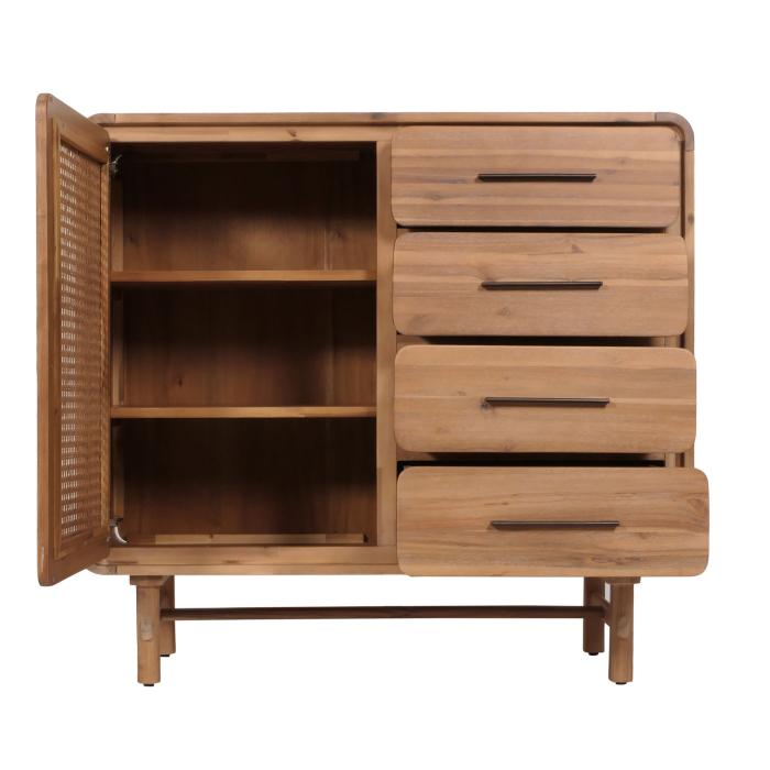 Kommode HWC-M47, Schrank Sideboard Highboard, Staufcher Schublade, Rattan Akazie Massiv-Holz gebeizt 101x109x45cm 44kg