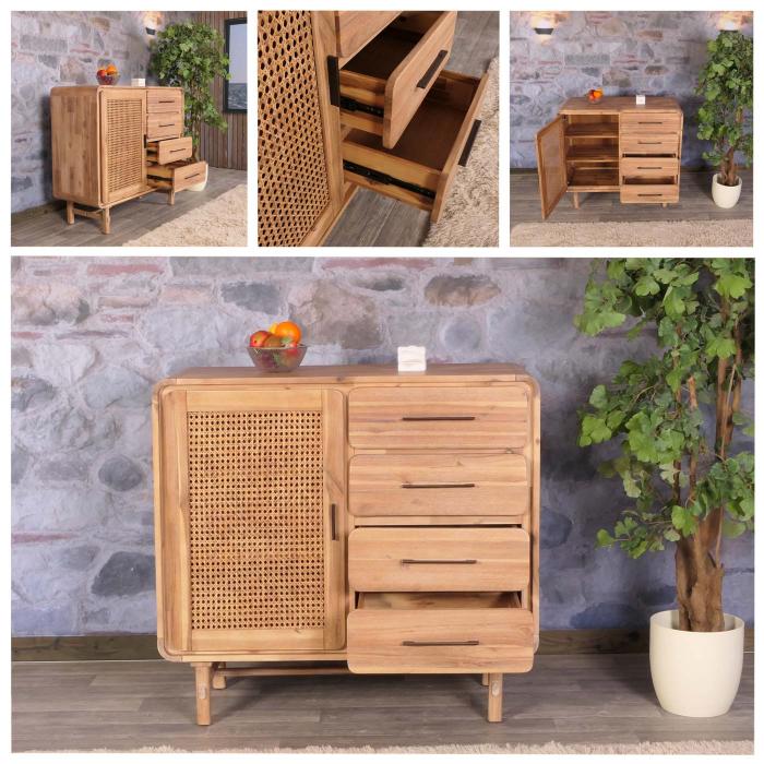 Kommode HWC-M47, Schrank Sideboard Highboard, Staufcher Schublade, Rattan Akazie Massiv-Holz gebeizt 101x109x45cm 44kg