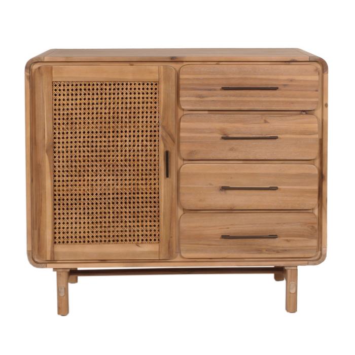 Kommode HWC-M47, Schrank Sideboard Highboard, Staufcher Schublade, Rattan Akazie Massiv-Holz gebeizt 101x109x45cm 44kg