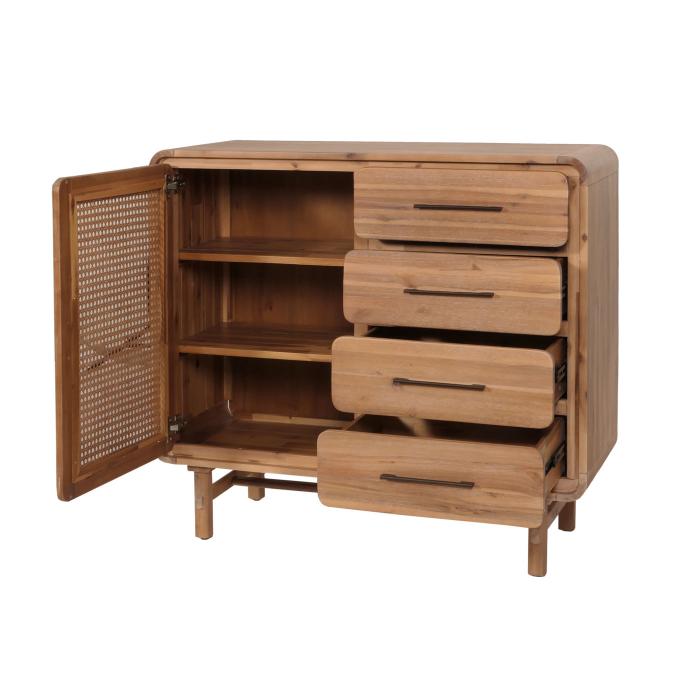 Retourenware | Kommode HWC-M47, Highboard, Staufcher Schublade, Rattan Akazie Massiv-Holz gebeizt 101x109x45cm 44kg