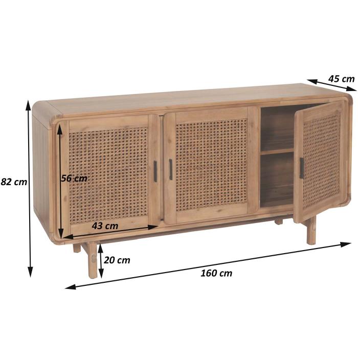 Sideboard HWC-M47, Schrank Kommode Highboard Anrichte, Staufcher, Rattan Akazie Massiv-Holz gebeizt 82x160x45cm 38kg