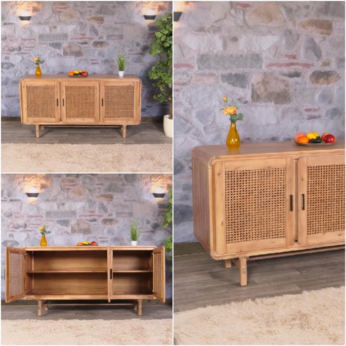 Sideboard HWC-M47, Schrank Kommode Highboard Anrichte, Staufcher, Rattan Akazie Massiv-Holz gebeizt 82x160x45cm 38kg