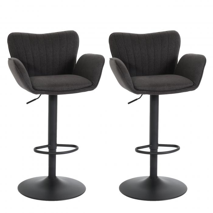 2er-Set Barhocker HWC-M67, Barstuhl, mit Armlehne Fußablage drehbar Stoff/Textil Eisen FSC® ~ dunkelgrau Fuß schwarz