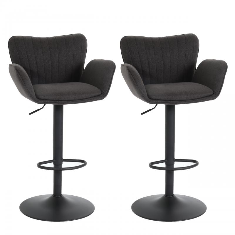 2er-Set Barhocker HWC-M67, Barstuhl, mit Armlehne Fußablage drehbar Stoff/Textil Eisen FSC® ~ dunkelgrau Fuß schwarz