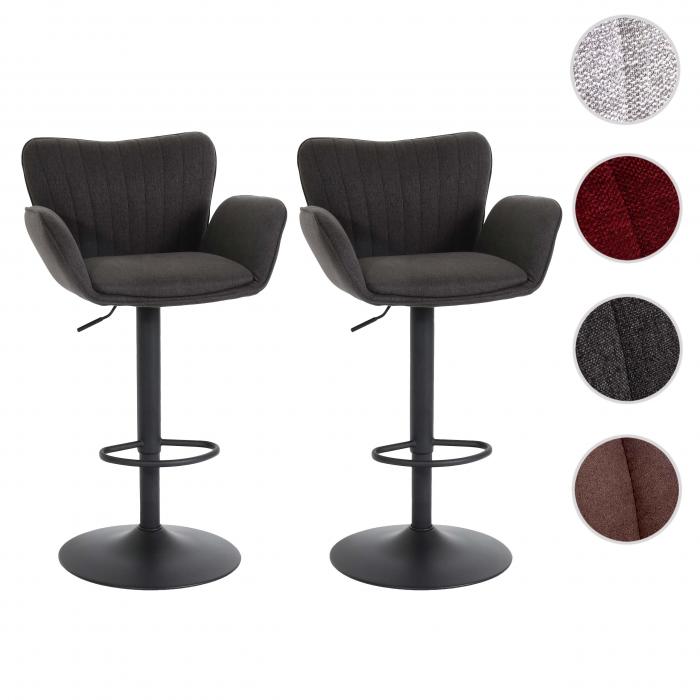 2er-Set Barhocker HWC-M67, Barstuhl, mit Armlehne Fußablage drehbar Stoff/Textil Eisen FSC® ~ dunkelgrau Fuß schwarz