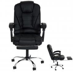 Bürostuhl HWC-M80, Schreibtischstuhl Drehstuhl Chefsessel, ausziehbare Fußstütze Kunstleder silbernes Fußkreuz ~ schwarz