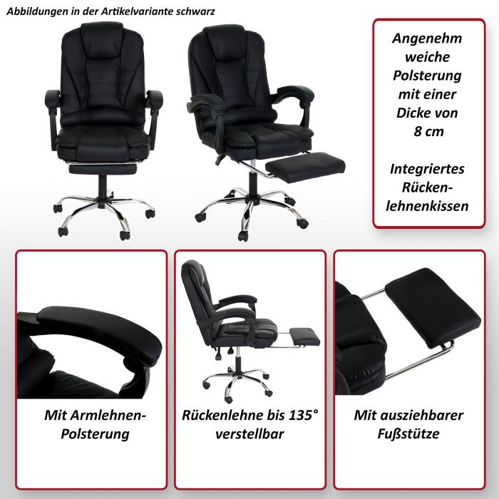 Brostuhl HWC-M80, Schreibtischstuhl Drehstuhl Chefsessel, ausziehbare Fusttze Kunstleder silbernes Fukreuz ~ schwarz