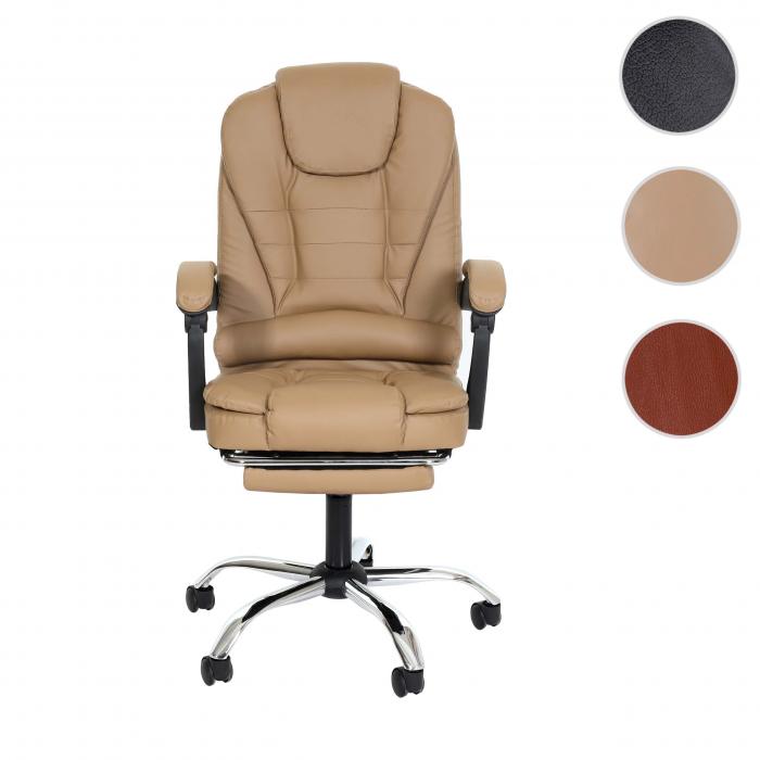 Brostuhl HWC-M80, Schreibtischstuhl Drehstuhl Chefsessel, ausziehbare Fusttze Kunstleder silbernes Fukreuz ~ taupe
