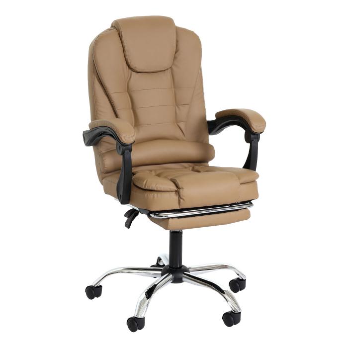 Brostuhl HWC-M80, Schreibtischstuhl Drehstuhl Chefsessel, ausziehbare Fusttze Kunstleder silbernes Fukreuz ~ taupe