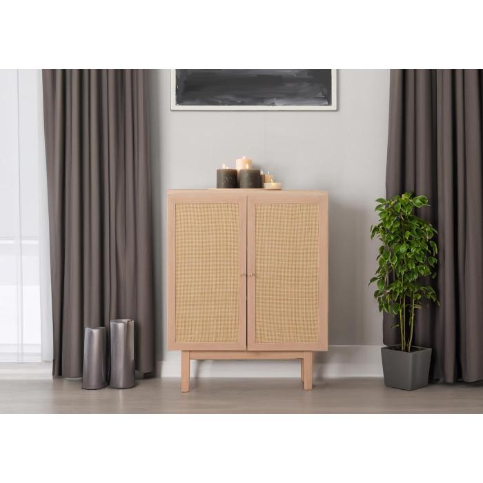 Highboard HWC-M51, Kommode Schrank Sideboard, Staufcher, Massiv-Holz Mango Kubu Rattan 98x79x42cm ~ natur