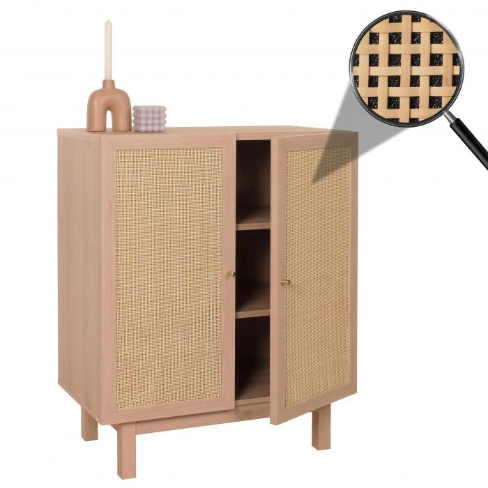 Highboard HWC-M51, Kommode Schrank Sideboard, Staufcher, Massiv-Holz Mango Kubu Rattan 98x79x42cm ~ natur