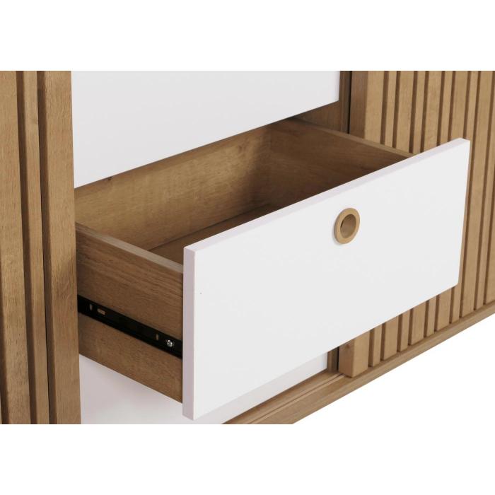 Sideboard HWC-M48, Kommode, Schiebetr Staufach, Mango-Massivholz MDF 81x150x40cm ~ natur, Schubladen wei