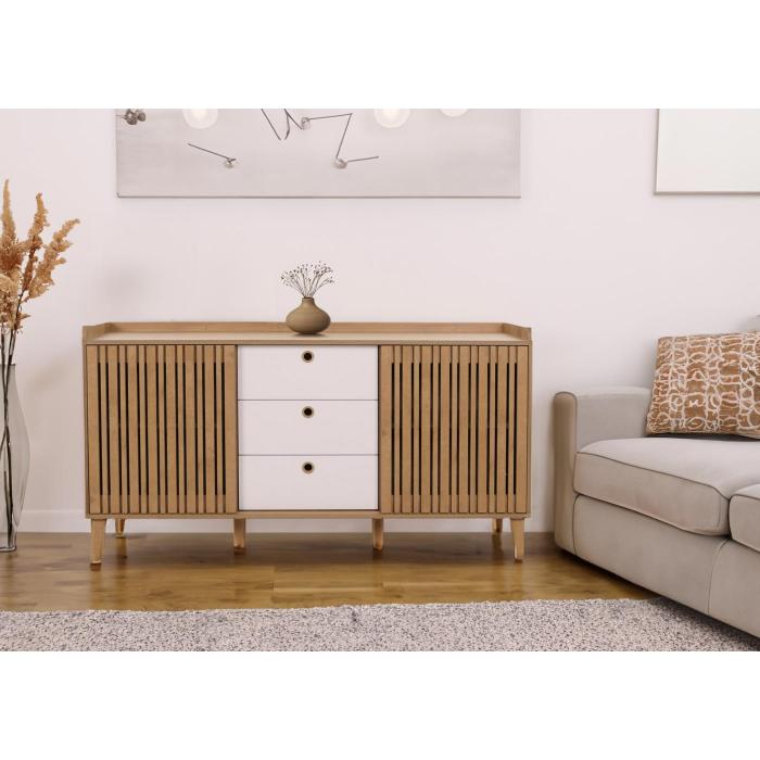 Sideboard HWC-M48, Kommode, Schiebetr Staufach, Mango-Massivholz MDF 81x150x40cm ~ Walnuss-Optik, Schubladen dunkelgrau