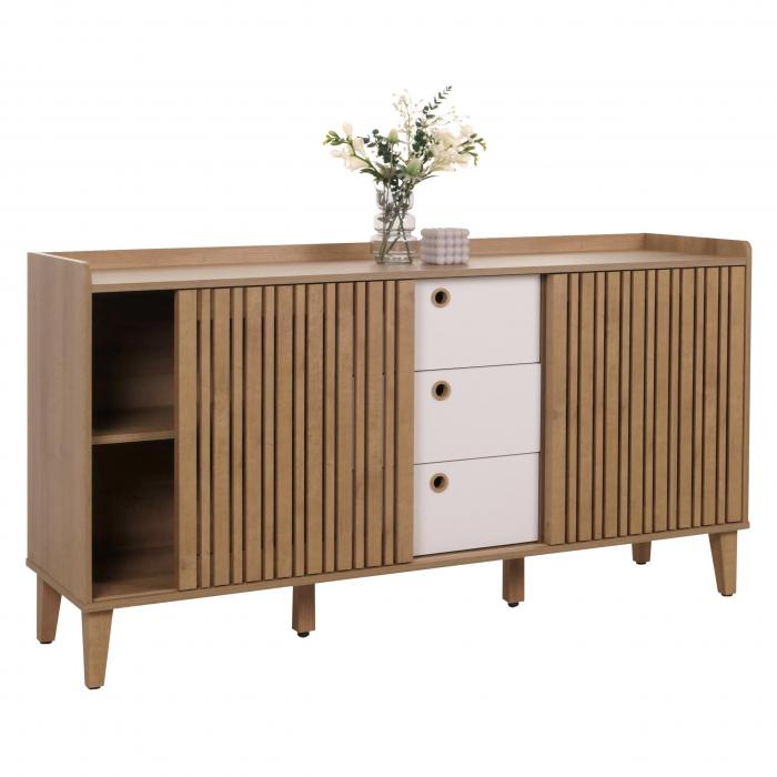 Sideboard HWC-M48, Kommode, Schiebetr Staufach, Mango-Massivholz MDF 81x150x40cm ~ natur, Schubladen wei