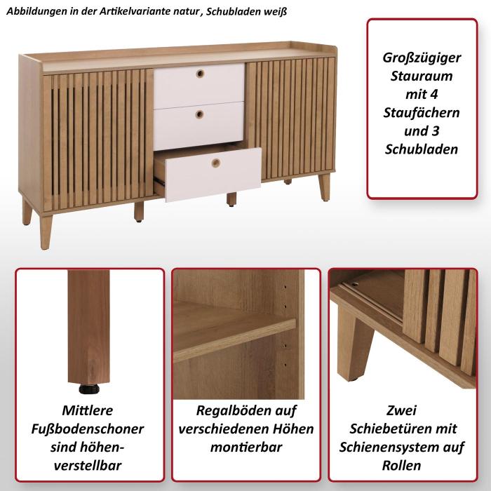 Sideboard HWC-M48, Kommode, Schiebetr Staufach, Mango-Massivholz MDF 81x150x40cm ~ natur, Schubladen wei