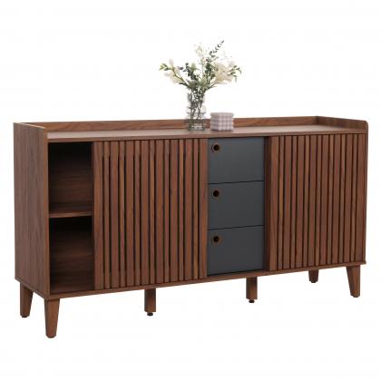 Sideboard HWC-M48, Kommode, Schiebetr Staufach, MDF 81x150x40cm ~ Walnuss-Optik, Schubladen dunkelgrau