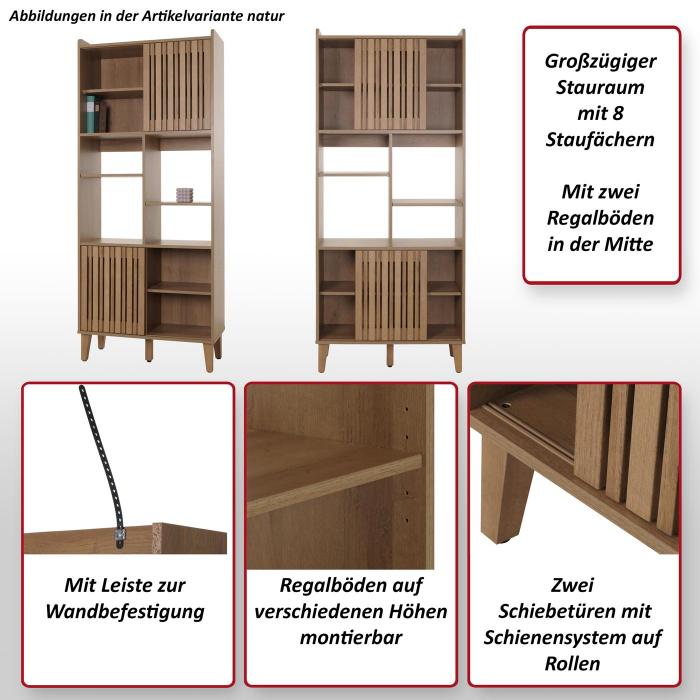 Bcherregal HWC-M48, Bcherschrank Hochschrank, Schiebetr 8 Staufcher Mango-Massivholz MDF 178x75x35cm ~ Walnuss-Optik