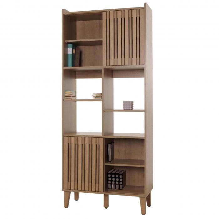 Bcherregal HWC-M48, Bcherschrank Hochschrank, Schiebetr 8 Staufcher Mango-Massivholz MDF 178x75x35cm ~ natur