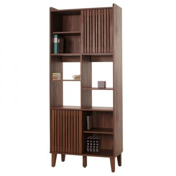 Bcherregal HWC-M48, Bcherschrank Hochschrank, Schiebetr 8 Staufcher MDF 178x75x35cm ~ Walnuss-Optik