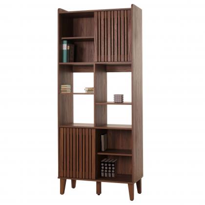 Bcherregal HWC-M48, Bcherschrank Hochschrank, Schiebetr 8 Staufcher MDF 178x75x35cm ~ Walnuss-Optik