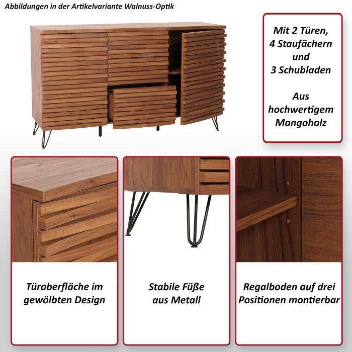 Sideboard HWC-M49, Schrank Kommode Highboard, 3D-Design Staufcher, Massiv-Holz Mango Metall 85x142x44cm ~ Walnuss-Optik