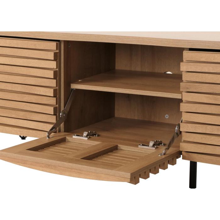 TV-Rack HWC-M49, Lowboard TV-Schrank, 3D-Design Staufcher, Massiv-Holz Mango Metall 52x142x44cm ~ natur