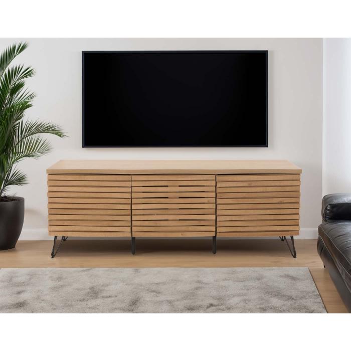 TV-Rack HWC-M49, Lowboard TV-Schrank, 3D-Design Staufcher, Massiv-Holz Mango Metall 52x142x44cm ~ natur