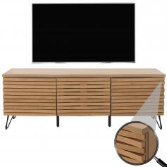 TV-Rack HWC-M49, Lowboard TV-Schrank, 3D-Design Staufcher, Massiv-Holz Mango Metall 52x142x44cm ~ natur