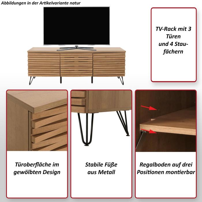 TV-Rack HWC-M49, Lowboard TV-Schrank, 3D-Design Staufcher, MDF Metall 52x142x44cm ~ Walnuss-Optik