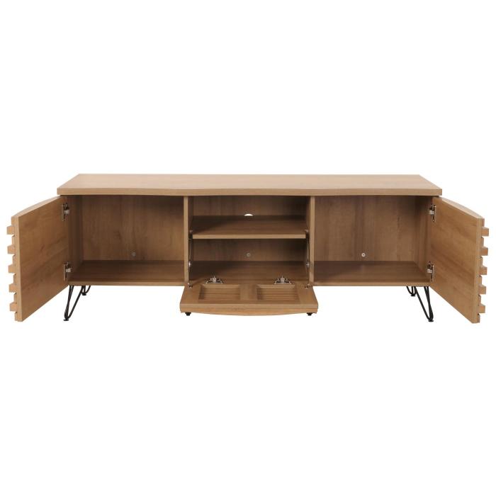 TV-Rack HWC-M49, Lowboard TV-Schrank, 3D-Design Staufcher, Massiv-Holz Mango Metall 52x142x44cm ~ natur