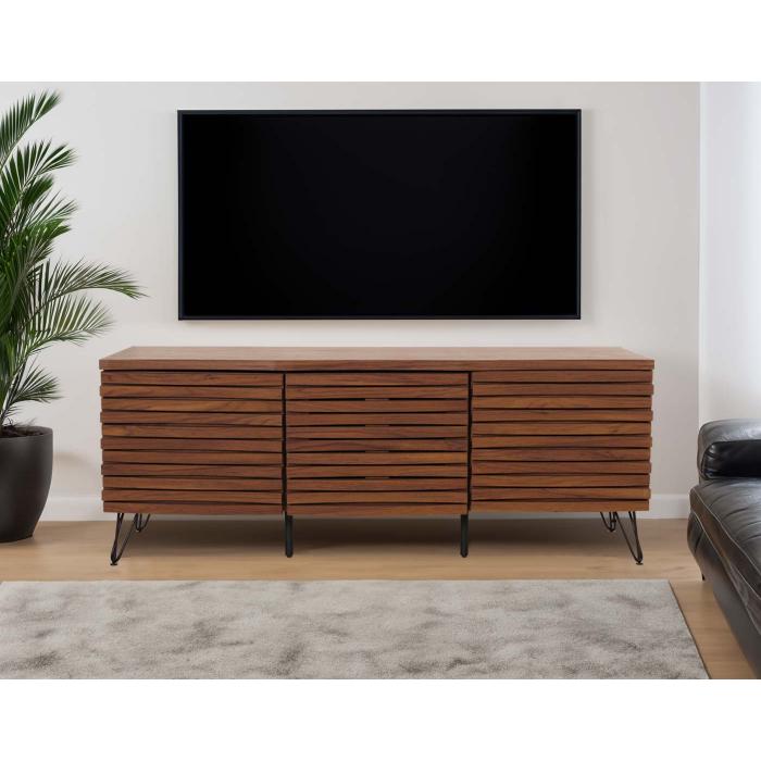 TV-Rack HWC-M49, Lowboard TV-Schrank, 3D-Design Staufcher, Massiv-Holz Mango Metall 52x142x44cm ~ Walnuss-Optik