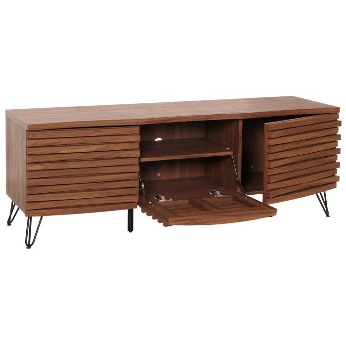 TV-Rack HWC-M49, Lowboard TV-Schrank, 3D-Design Staufcher, Massiv-Holz Mango Metall 52x142x44cm ~ Walnuss-Optik