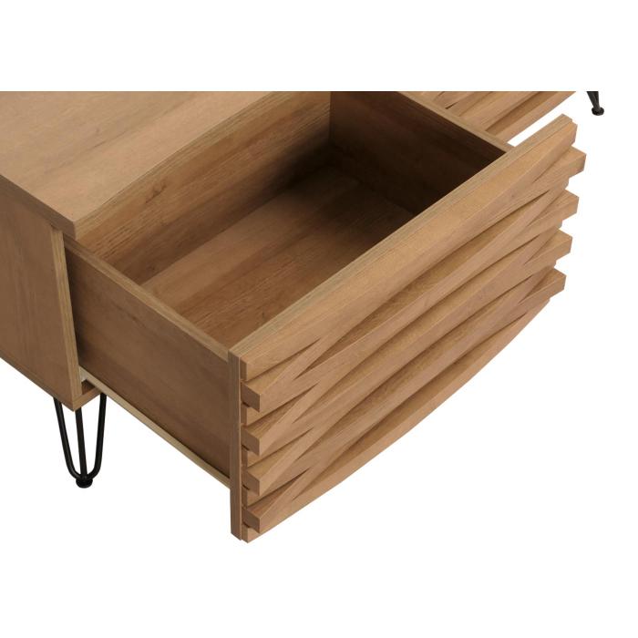 Couchtisch HWC-M49, Wohnzimmertisch Tisch, 3D-Design 2 Schubladen MDF Metall 46x110x55cm ~ natur