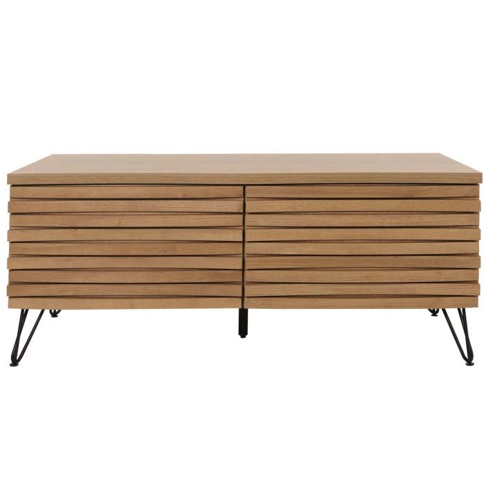 Couchtisch HWC-M49, Wohnzimmertisch Tisch, 3D-Design 2 Schubladen MDF Metall 46x110x55cm ~ natur