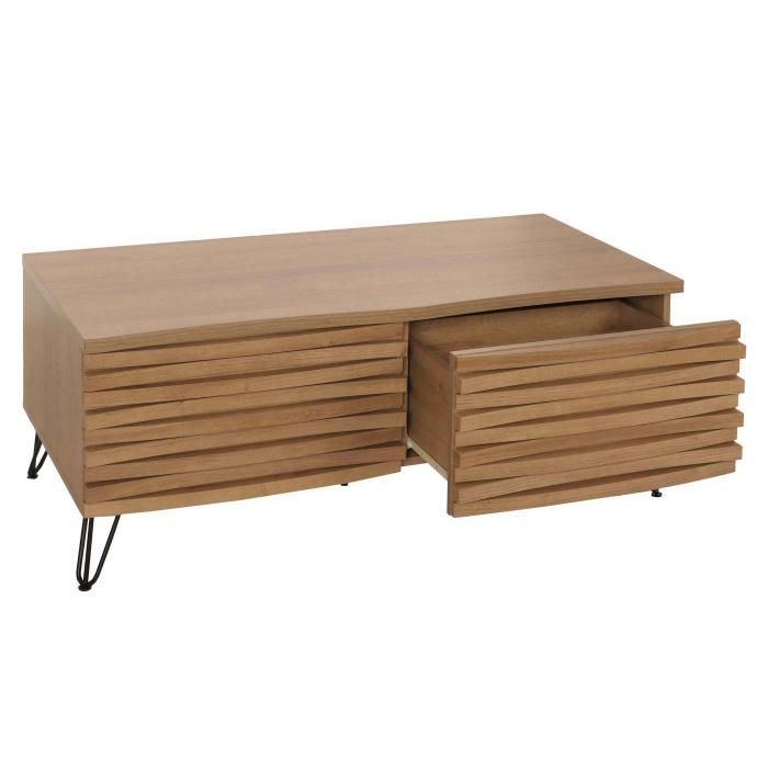 Couchtisch HWC-M49, Wohnzimmertisch Tisch, 3D-Design 2 Schubladen MDF Metall 46x110x55cm ~ natur