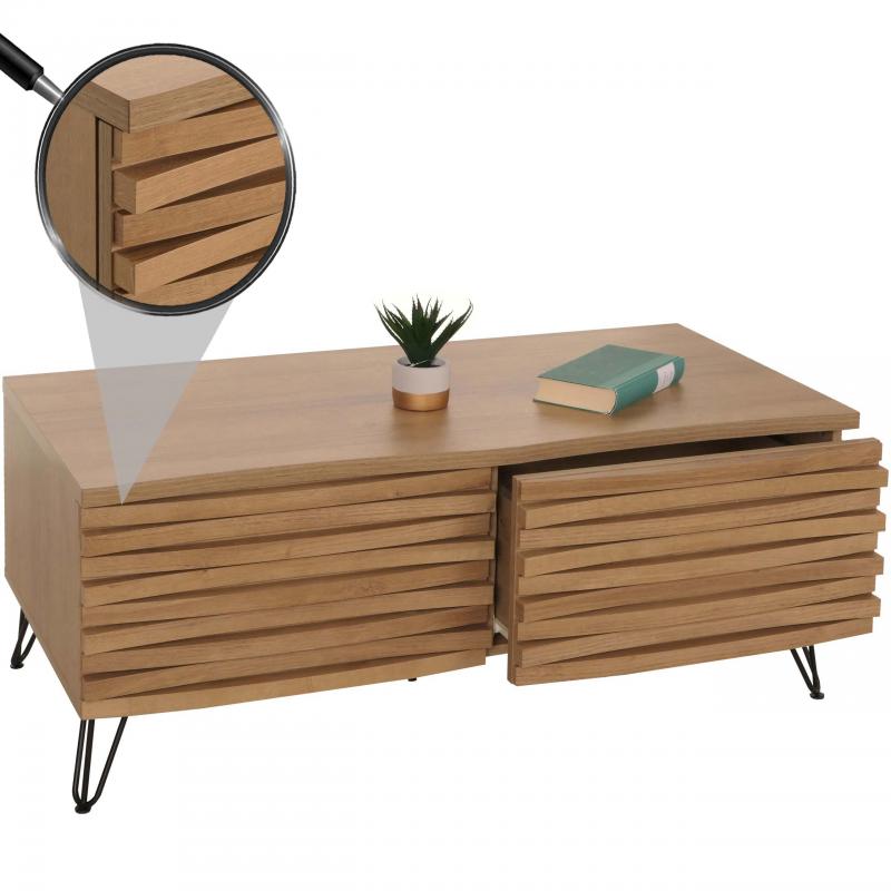 Couchtisch HWC-M49, Wohnzimmertisch Tisch, 3D-Design 2 Schubladen MDF Metall 46x110x55cm ~ natur