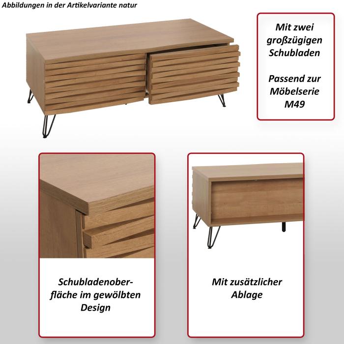 Couchtisch HWC-M49, Wohnzimmertisch Tisch, 3D-Design 2 Schubladen MDF Metall 46x110x55cm ~ natur