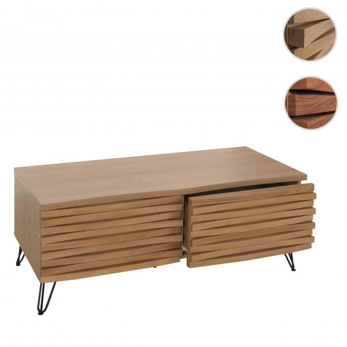Couchtisch HWC-M49, Wohnzimmertisch Tisch, 3D-Design 2 Schubladen MDF Metall 46x110x55cm ~ natur