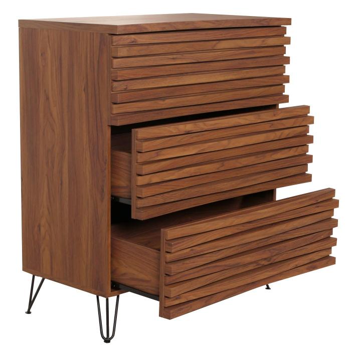 Kommode HWC-M49, Sideboard Schrank Highboard, 3D-Design 3 Schubladen MDF Metall 94x80x45cm ~ Walnuss-Optik