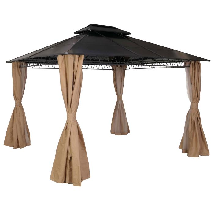 Hardtop Pergola HWC-M81, Pavillon, Aluminium Dachstreben 7cm-Stahlgestell mit Seitenwand und Moskitonetz 3,6x3m ~ creme